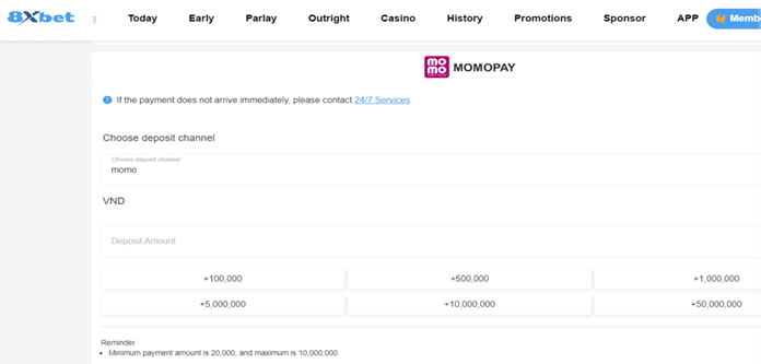 Bảng điều khiển 8xbet hiển thị các phương thức thanh toán khác nhau bao gồm MOMOPAY để nạp tiền.