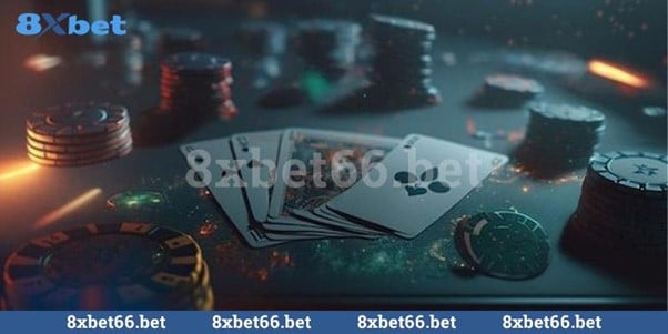 Hình ảnh bàn poker với lá bài và chip sòng bạc trên đó.